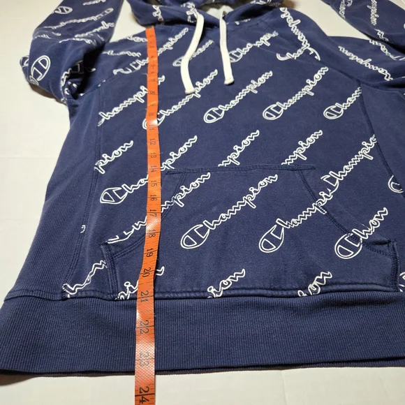 Champion Dark Blue All-Over Logo Men's Hoodie - Picture 5 of 7